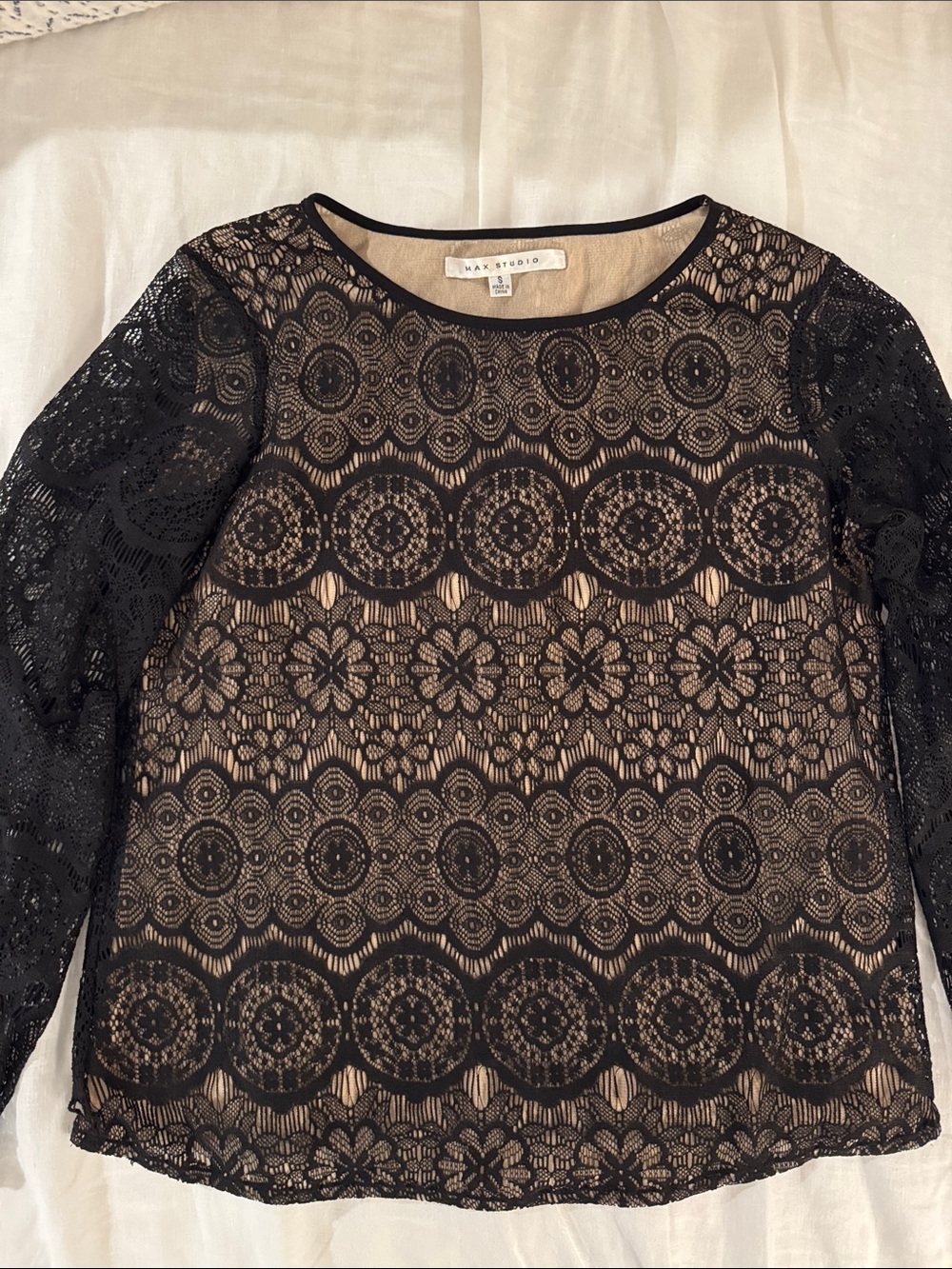 Max Studio Black Lace Long Sleeve Scoop Neck Blouse with Nude Lining